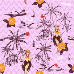 Fototapeta na wymiar Hawaiian girl island. seamless pattern on wave background. Tropical vector in hand drawn with hibiscus Flowers and plam tree at the beach and ocean
