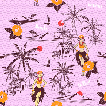 Hawaiian girl island. seamless pattern on wave background. Tropical  vector in hand drawn with hibiscus Flowers and plam tree at the beach and ocean