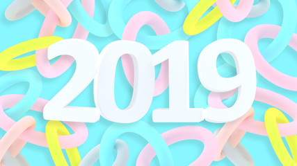 2019 New Year wallpaper. 3d background. Abstract shapes 3d. Year of Earth Pig. Winter holiday. New Year poster. Pastel. Minimalism. Trendy modern illustration. Render.