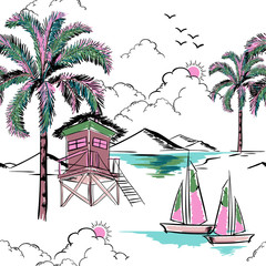 Materiał do szycia Trendy hawaiian in sweet color seamless island pattern vector. Landscape with palm trees,beach and ocean vector hand drawn style
