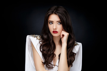 Brunette asian girl with long curly hair