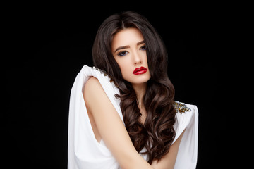 Brunette asian girl with long curly hair