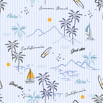 Island seamless pattern in the summer mood with mountain,windsurf,boat,plam trees vector in hand drawn style on stripe design for fashion,fabric,and all prints