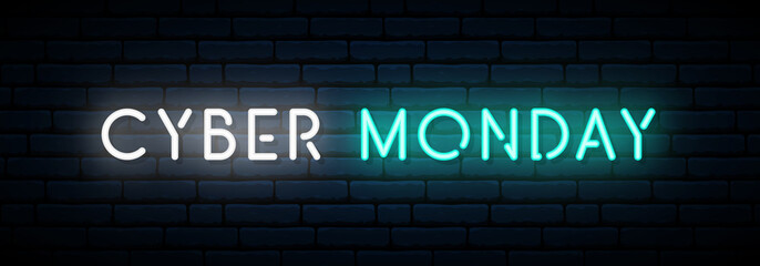 Cyber Monday neon sign. Long horizontal light banner . Vector bright signboard.