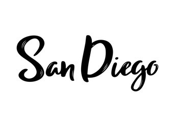 San Diego - hand drawn lettering name of US city. Handwritten inscription. Vector illustration. - obrazy, fototapety, plakaty