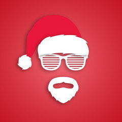 Man Hipster in Santa Claus hat. Paper art style Christmas illustration. Vector banner.