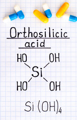 Chemical formula of Orthosilicic acid with some pills.