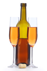 Bootle with drink and two glasses of drink isolated on white background