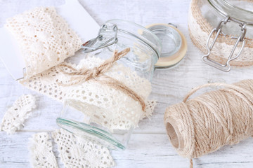 How to make glass jar decorated with lace and string tutorial.