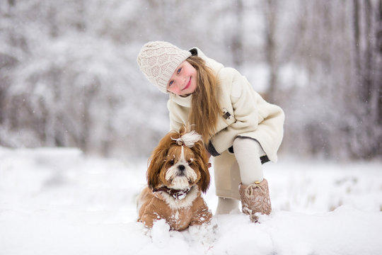 In winter, snow falls in the snowy forest,  little girl play with dog.