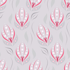 Seamless vector ornamental pattern with abstract floral elements in pastel colors on gray background