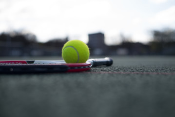 tennis ball and racket on the court