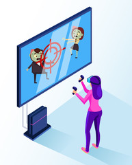 Woman character playing video game in helmet and glasses virtual reality. Modern technology concept. Vector flat cartoon graphic design isolated illustration