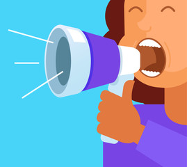 Happy smiling office worker business woman character shouting screaming announcement through loud speaker. Advertisement concept. Vector flat cartoon graphic design isolated illustration