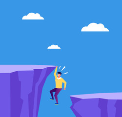 Entrepreneur businessman employee character hold on cliff. Business career finance fail concept. Vector flat cartoon graphic design isolated illustration