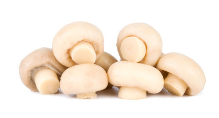 Group of tasty Pickled marinated mushrooms isolated on white background