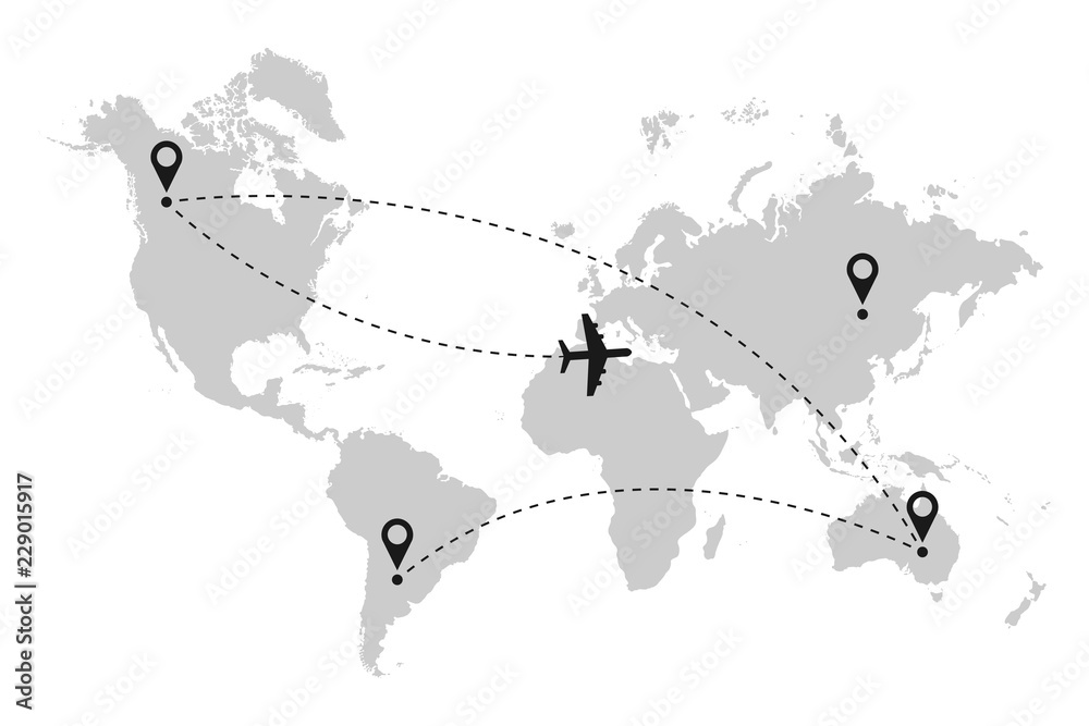 Poster Airplane flight route on world map with dotted line path and location pin. Vector illustration.