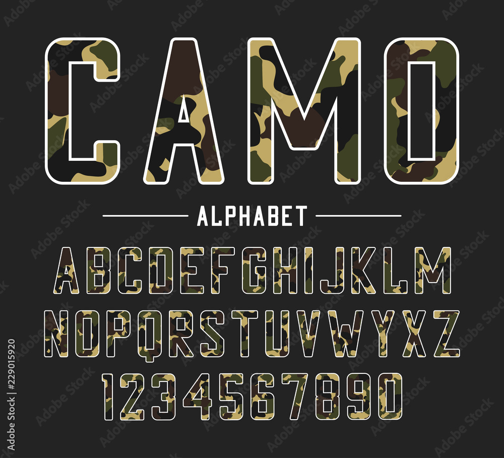 Poster Sans serif font with camouflage texture. Condensed bold typeface, high alphabet with numbers in military and army style. Vector illustration.