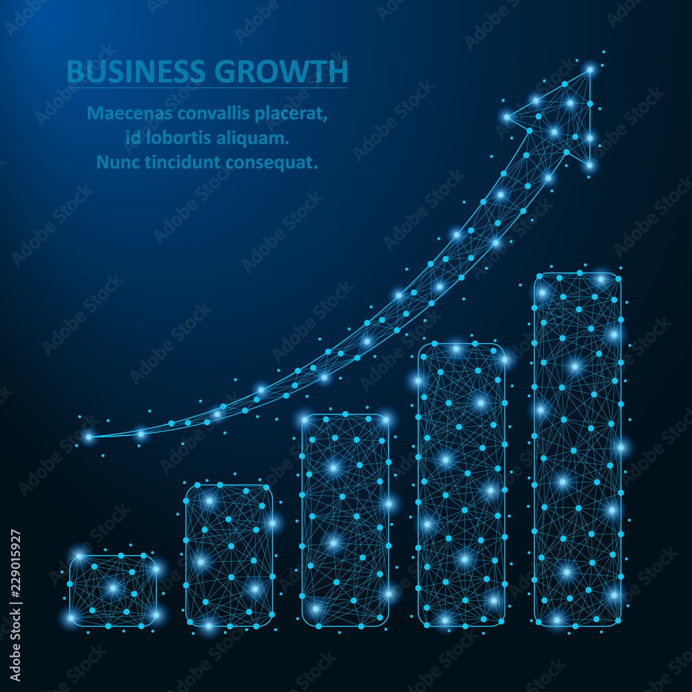 Poster Low poly business diagram with growth arrow and bar chart made by dot and line with polygonal wireframe mesh. Vector illustration.