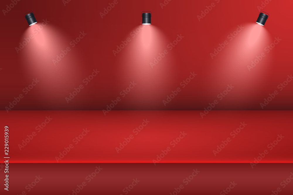 Aufkleber Empty studio room background with spotlight. Red studio table for product display. 3d template for advertise product. Vector illustration.
