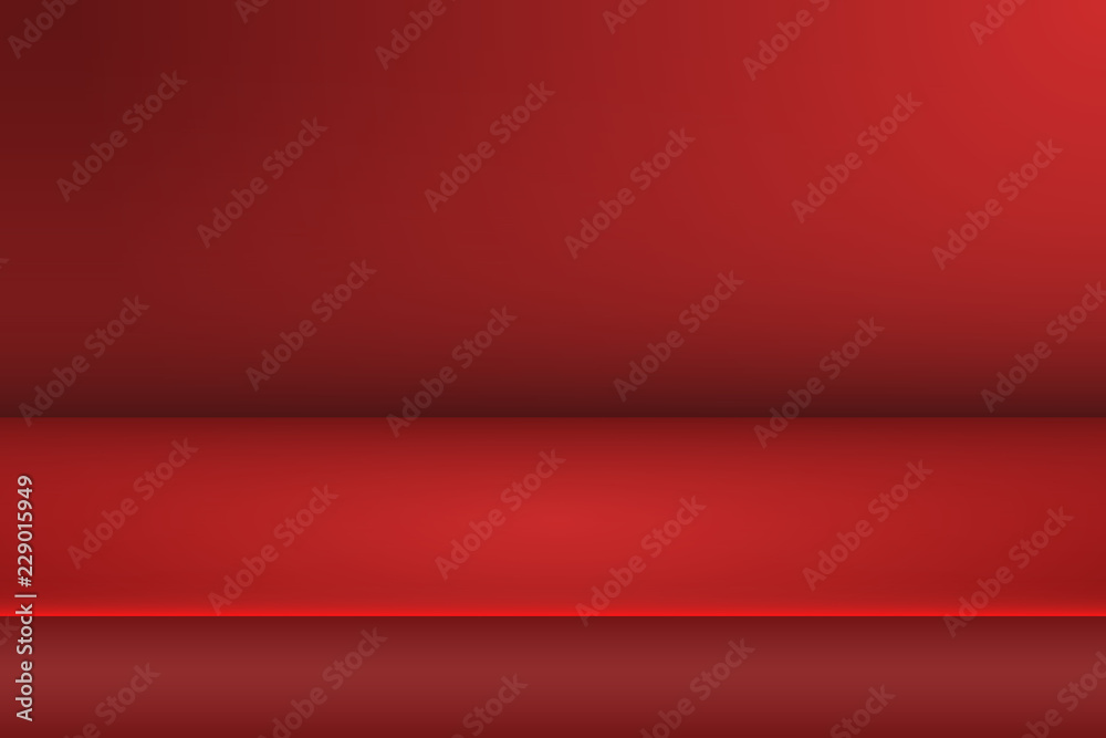 Poster Empty studio room background. Red studio table for product display. 3d template for advertise product. Vector illustration.