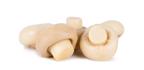 Group of tasty Pickled marinated mushrooms isolated on white background