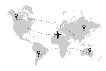 Airplane flight route on world map with dotted line path and location pin. Vector illustration.