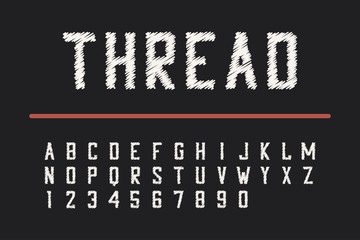 Embroidery thread font. Condensed bold typeface with numbers. Vector illustration.