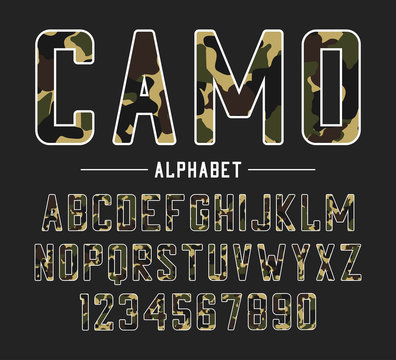 Sans serif font with camouflage texture. Condensed bold typeface, high alphabet with numbers in military and army style. Vector illustration.