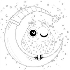 Coloring book for adult and older children. Coloring page with an owl on the moon among the stars.