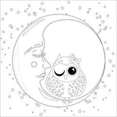 Coloring book for adult and older children. Coloring page with an owl on the moon among the stars.