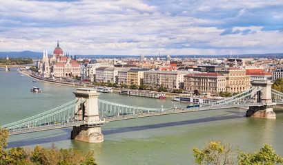 Fototapeta na wymiar Panoramic view of Budapest with Parliament and Chain Bridge