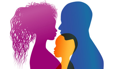 Fototapeta premium Young African or African-American parents adopt an African or African American child. Adoption. Vector color profile silhouette