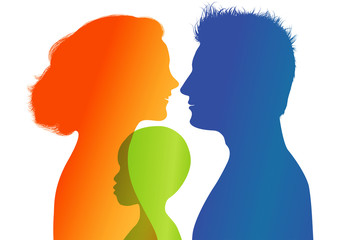 Young parents adopt an African or African American child. Adoption. Vector color profile silhouette