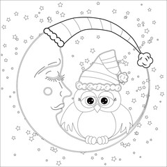 Coloring book for adult and older children. Coloring page with an owl on the moon among the stars.