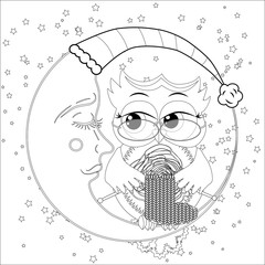 Coloring book for adult and older children. Coloring page with an owl on the moon among the stars.