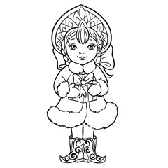 Fototapeta na wymiar Cartoon Snow Maiden Snegurochka holds a box with a gift. Traditional Russian Christmas and New Year character. Vector illustration on a white background. Outlined for coloring book.