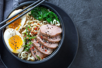 Japanese ramen noodle soup with duck breast