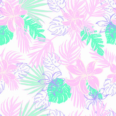 Fototapeta na wymiar Beautiful Exotic Flowers and Leaves Pattern Vector Illustration for Surface , Invitation , Notebook, Banner , Wrap Paper ,Textiles, Cover, Magazine ,Postcard Background ,Textile , Wallpaper, Fashion 