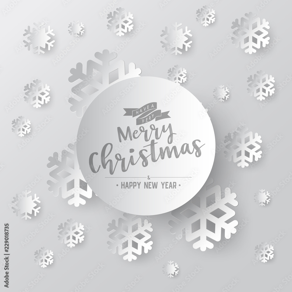 Poster white paper vector snowflake on white ornate background with merry christmas phase text