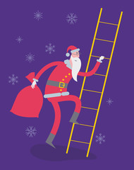 Flat cartoon vector illustration of a jolly character: Santa Claus climbs up the stairs and holds a bag with gifts in hand.