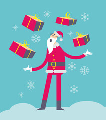 Flat cartoon vector illustration of a jolly character: Santa Claus shows presents and juggles with boxes.