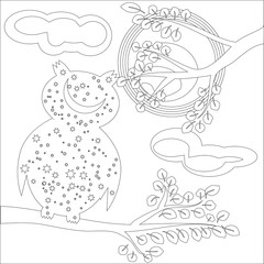 Coloring book for adult and older children. Coloring page with cute owl and floral frame. Outline drawing in zentangle style