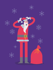 Flat cartoon vector illustration of a jolly character: Santa Claus holding his head with his hands, he remembered something important.