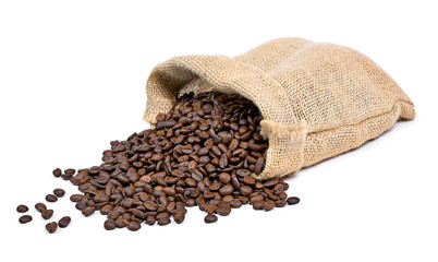 Roasted coffee beans falling out of a burlap sack. Sackcloth bag with coffee beans, isolated on...
