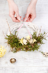 How to make white wicker wreath,  easter door decoration.