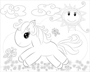 Coloring pages. Little cute pony and rainbow