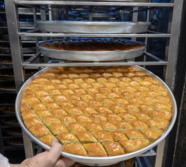 Delicious Turkish sweet, baklava with green pistachio nuts