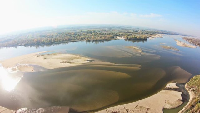 Aerial Drone Flight Over Vistula River Near Warsaw, Mazovian Voivodeship, Poland. Autumn Day.