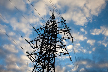 High voltage transmission tower at dusk. high-voltage transmission line in Russia